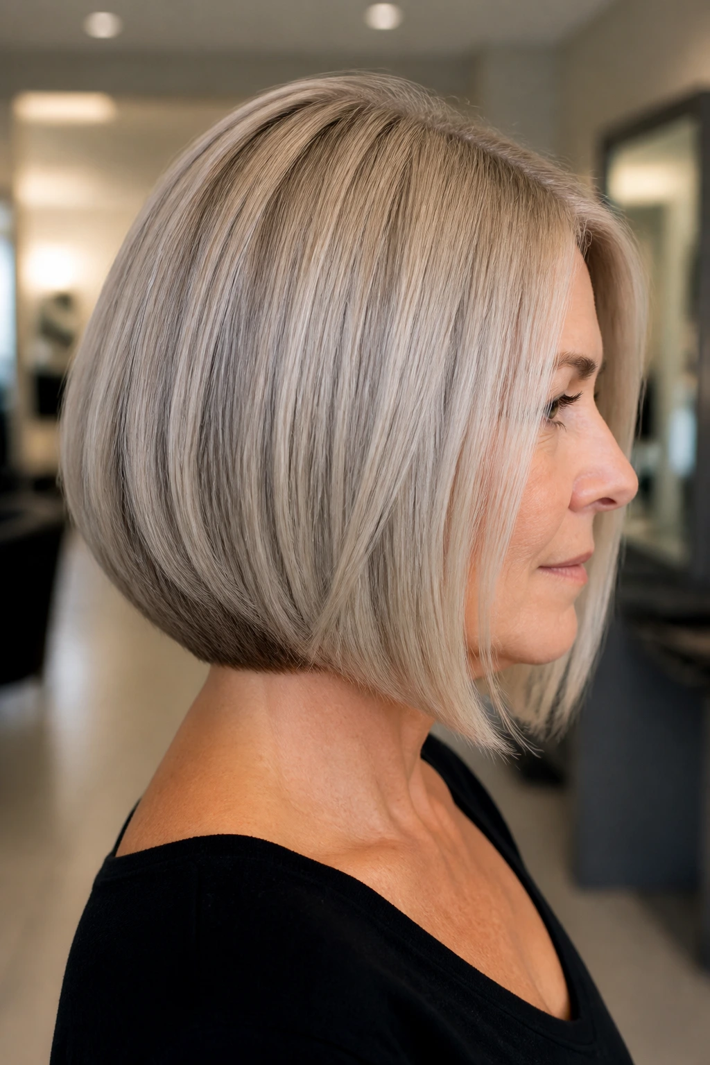 Real woman with ash blonde sleek lob and underbevel in soft daylight.