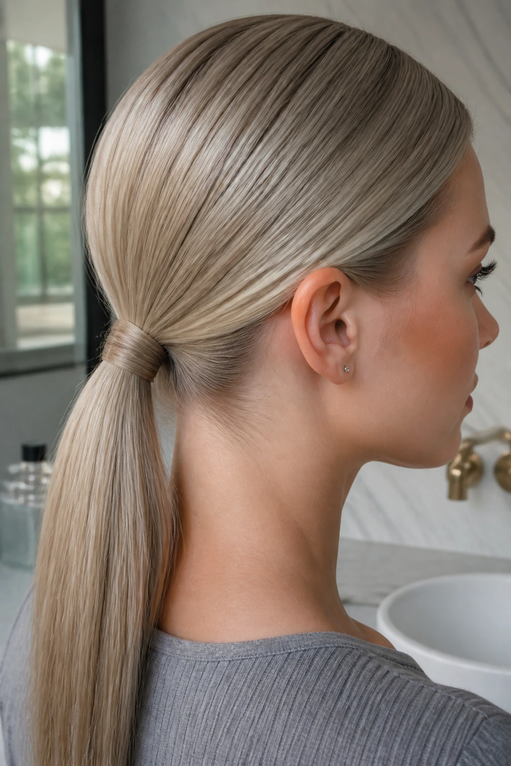 Portrait of a woman with a sleek ash blonde low ponytail wrapped around the elastic.