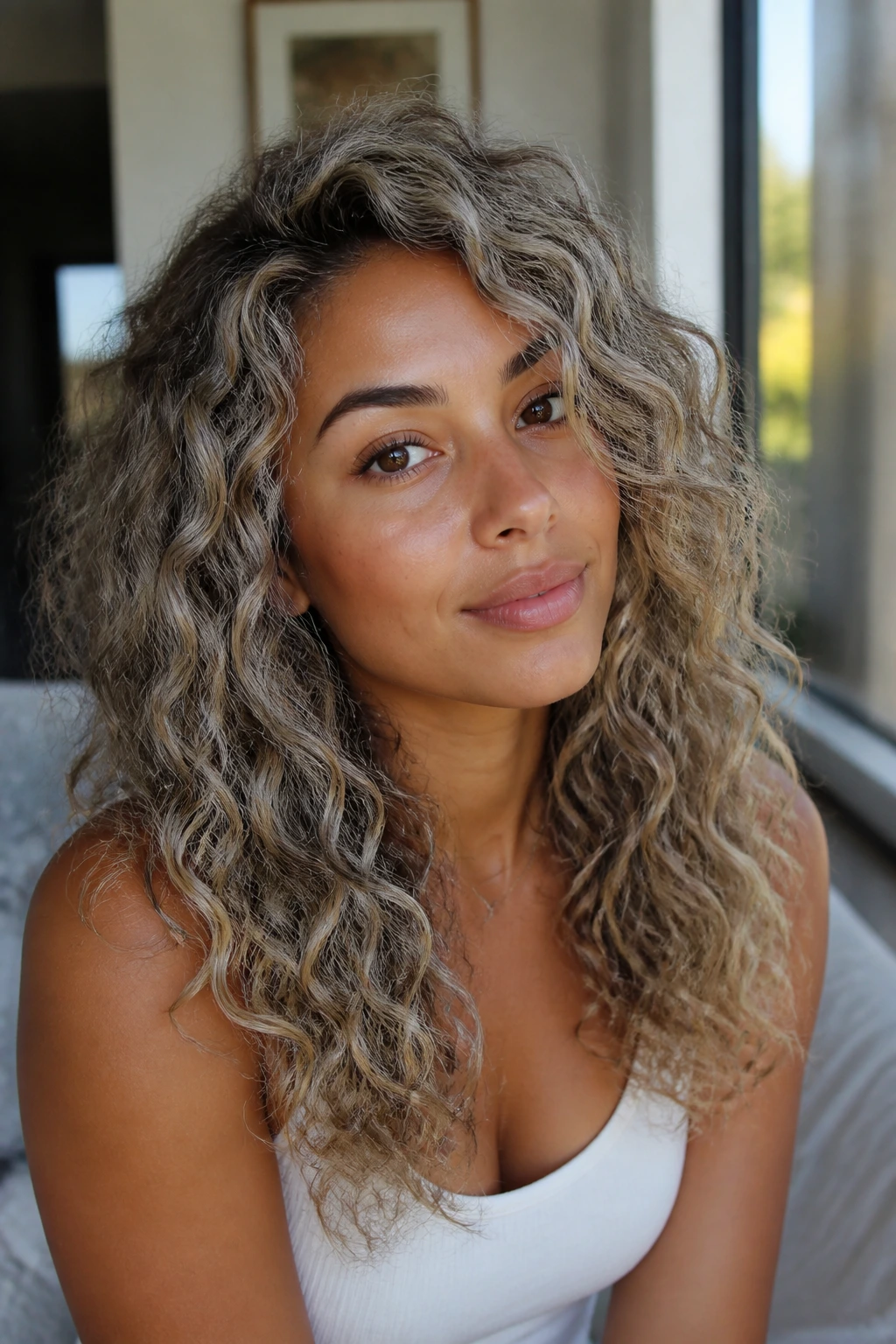 Real woman with cool ash blonde hair in glossy tone