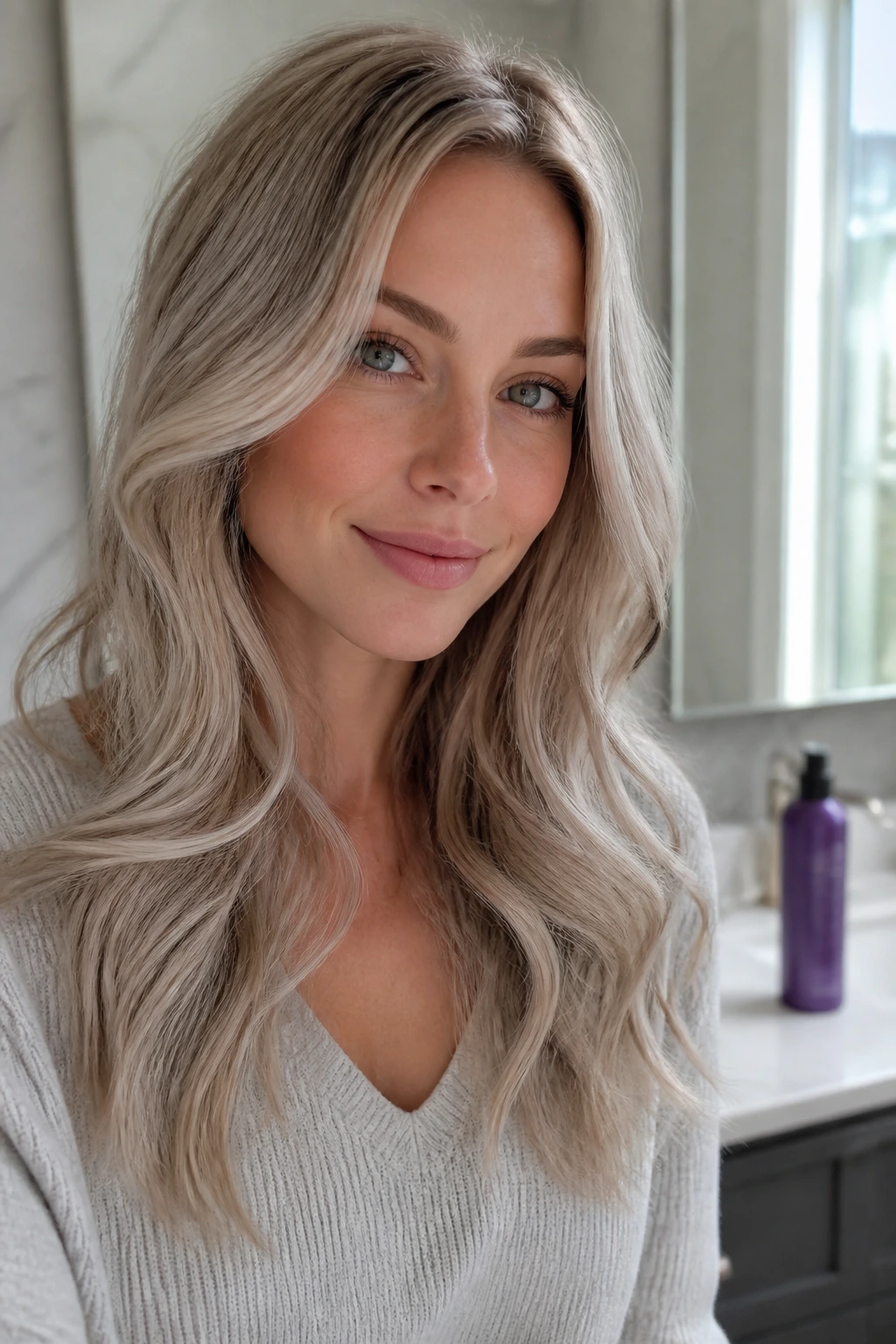 Real person maintaining ash blonde hair in a bright bathroom