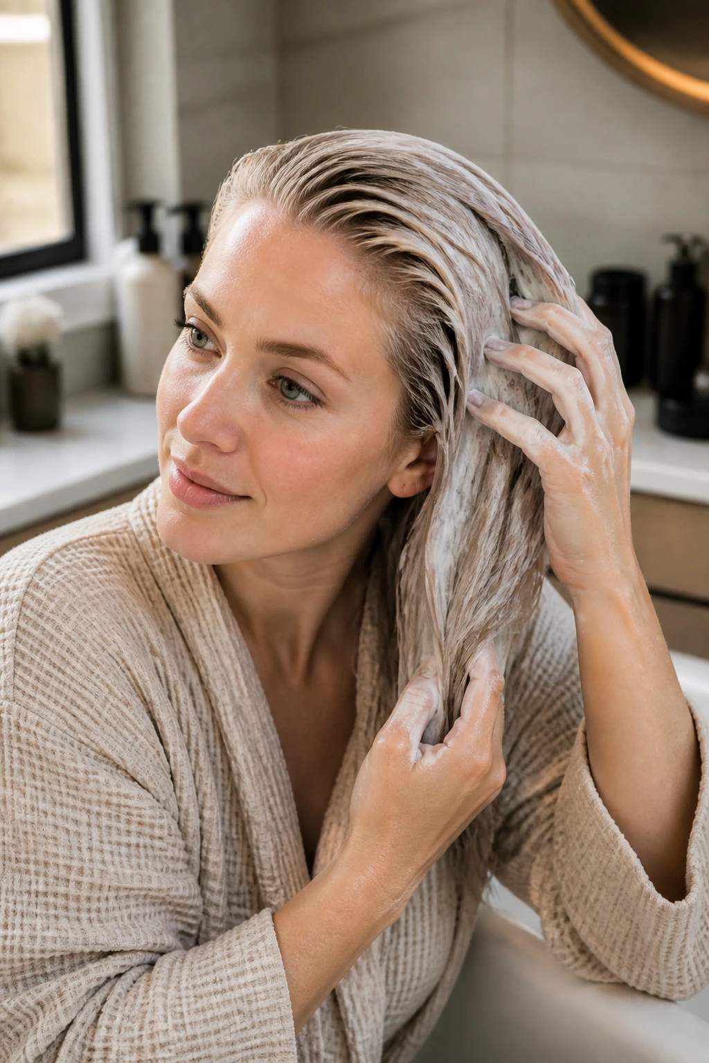 Medium close-up of a real woman with ash blonde hair performing at-home hair care in a bathroom