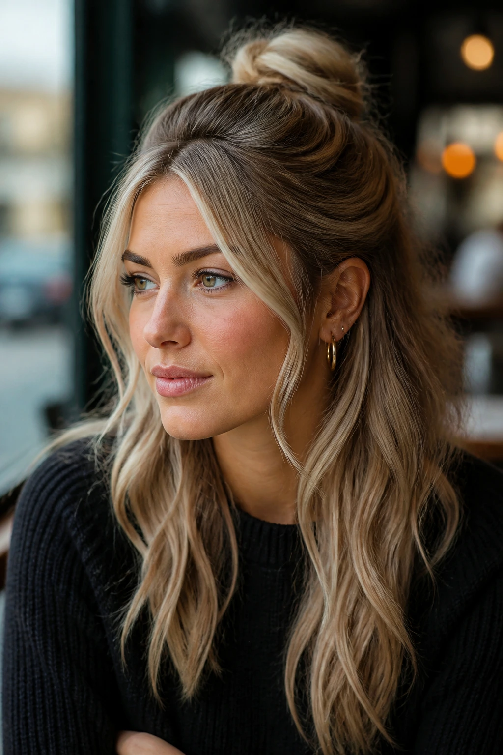 Close-up of a real woman with a half-up knot and ash money pieces framing the face
