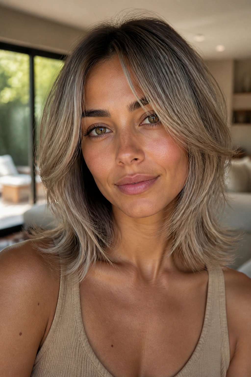 Close-up of olive-skinned woman with feathered collarbone ash blonde cut.