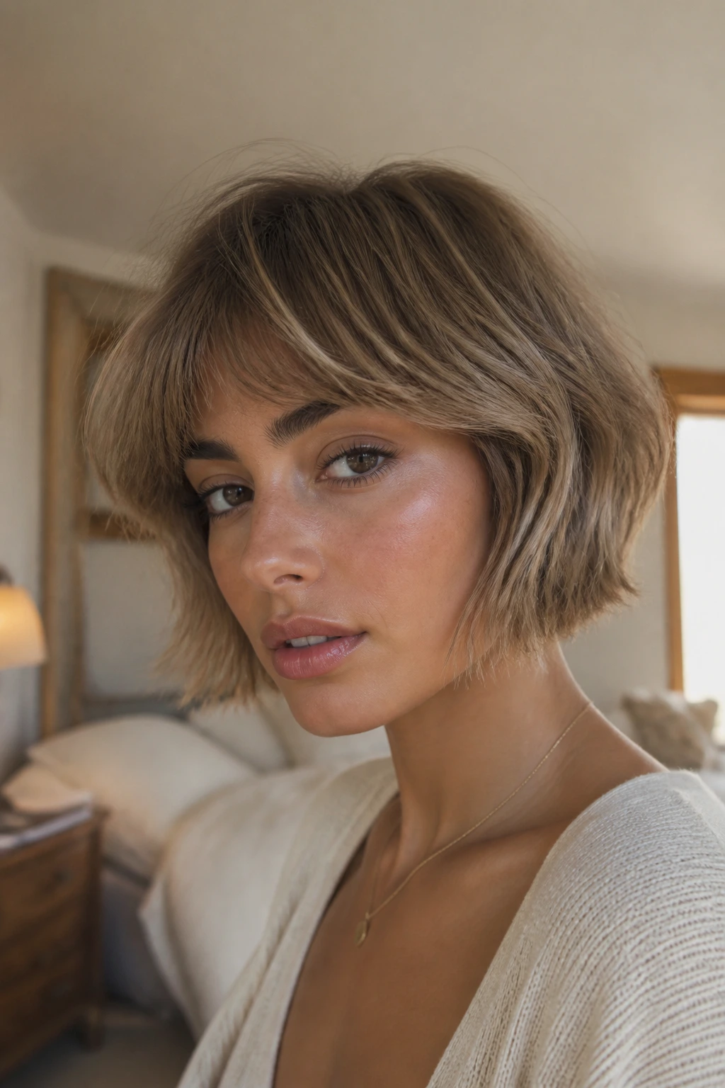 Close-up of a real woman with textured French bob in ash beige on olive skin, natural window light