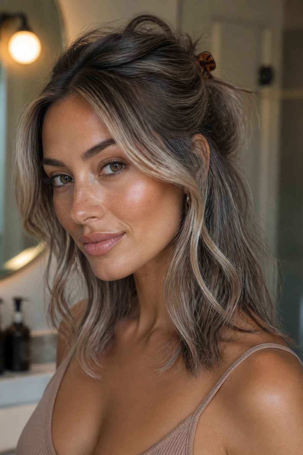 Close-up of olive-skinned woman with ash-dimension half-up claw clip hairstyle.