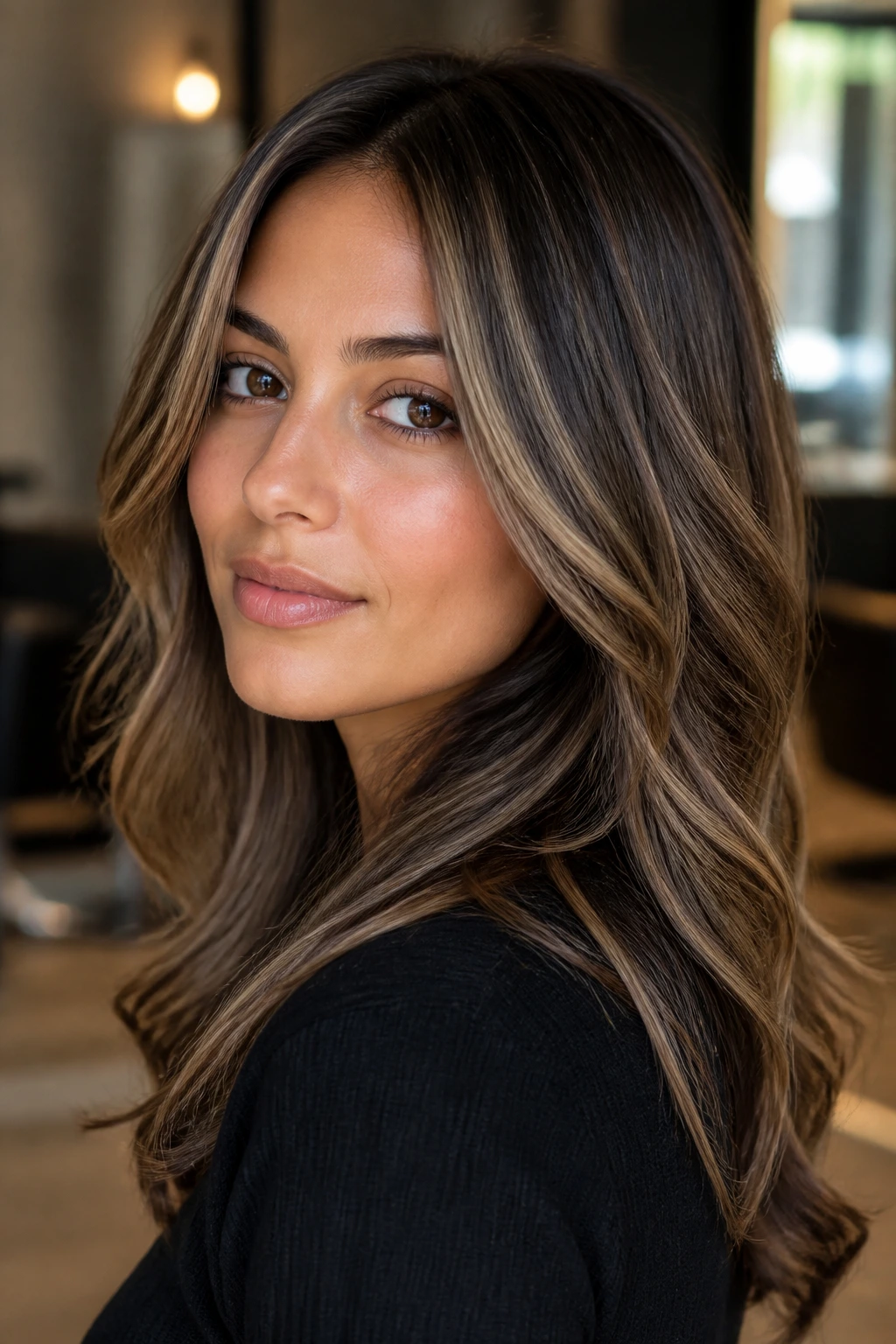 Close-up portrait of a woman with ash-blonde highlights blended into brown hair on olive skin