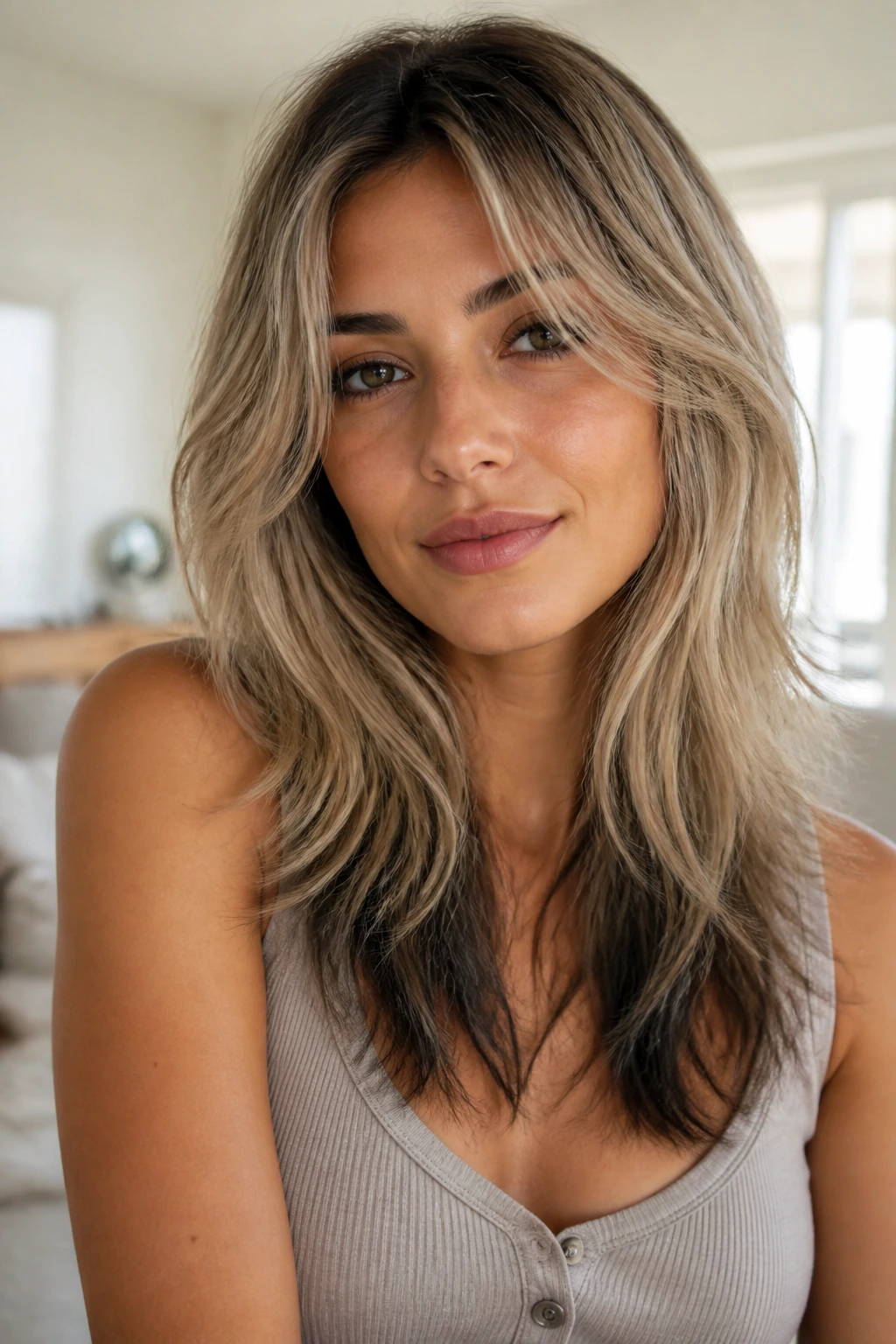 Close-up portrait of olive-skinned person with airy long shag and smoky ends.