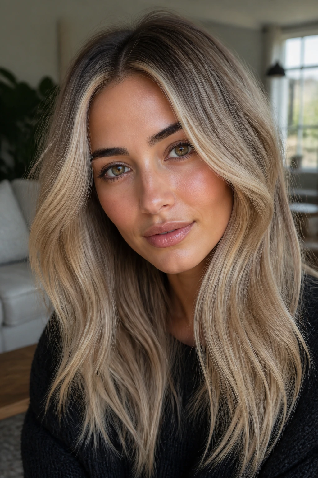 Close-up portrait of a woman with ash blonde hair and olive skin, featuring soft root shadow
