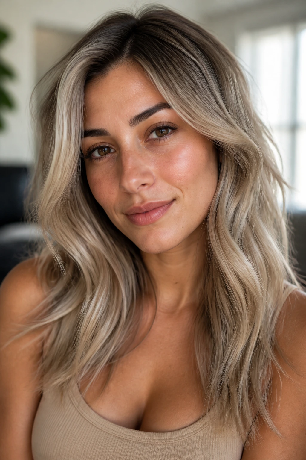 Portrait of olive-skinned person with wearable ash blonde hairstyle and dimensional color.