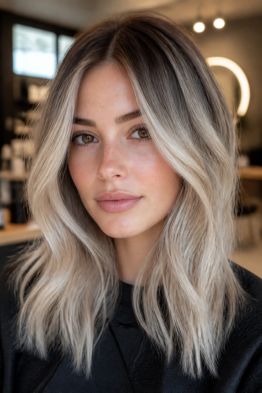 Close-up portrait of a real person with ash blonde hair in a salon.