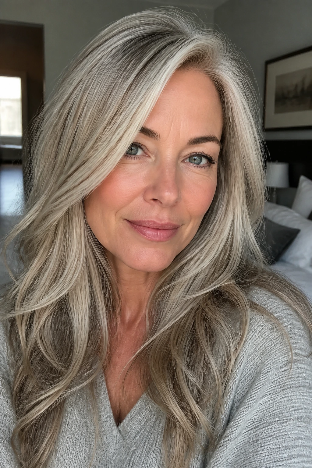 Close-up portrait of a real woman with ash blonde and pearl-gray hair in a cozy bedroom.