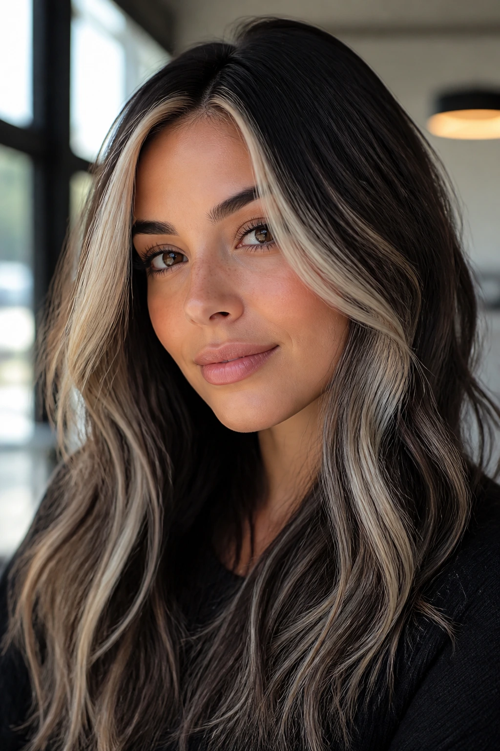 Close-up of a real woman with ash and pearl-toned cool blonde highlights framing her face