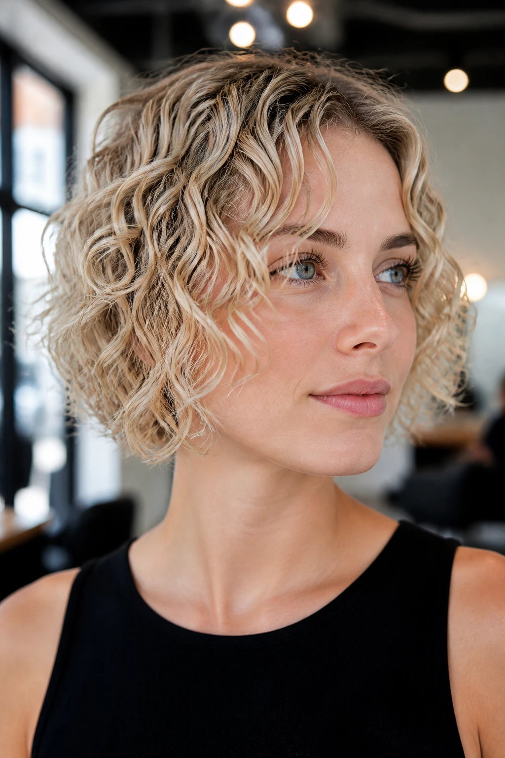 Close-up of a real woman with light ash blonde bob and piecey curl clumps in diffused daylight.