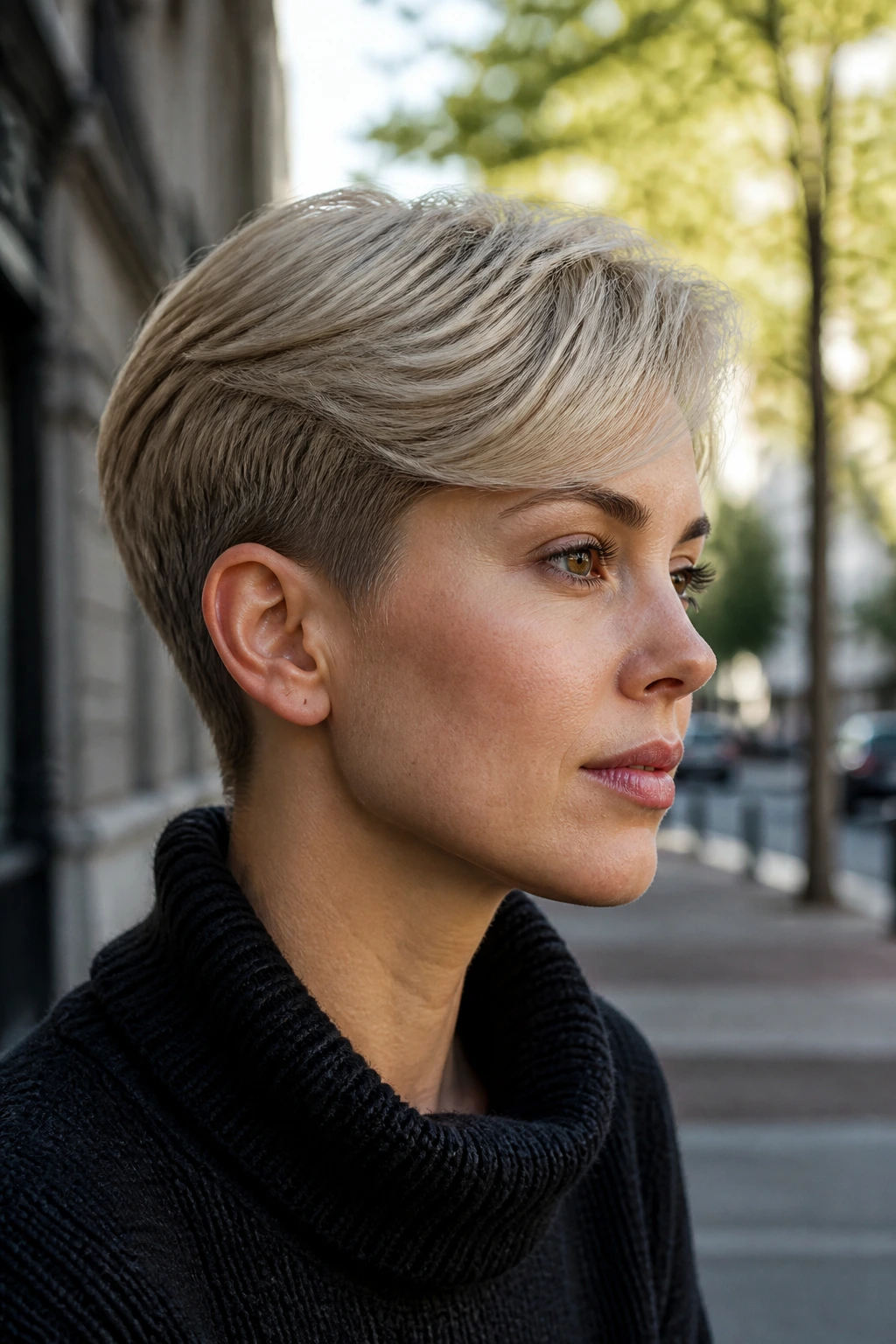 Close-up portrait of a real woman with ash blonde long pixie hairstyle.