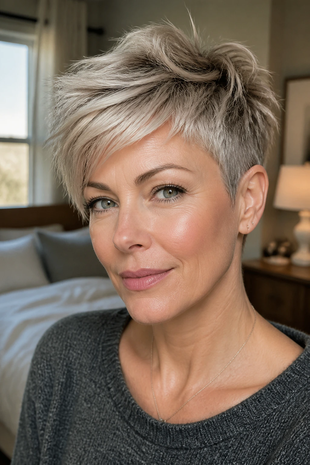 Close-up of a real woman with a choppy pixie and frosted ash-blonde top under natural window light