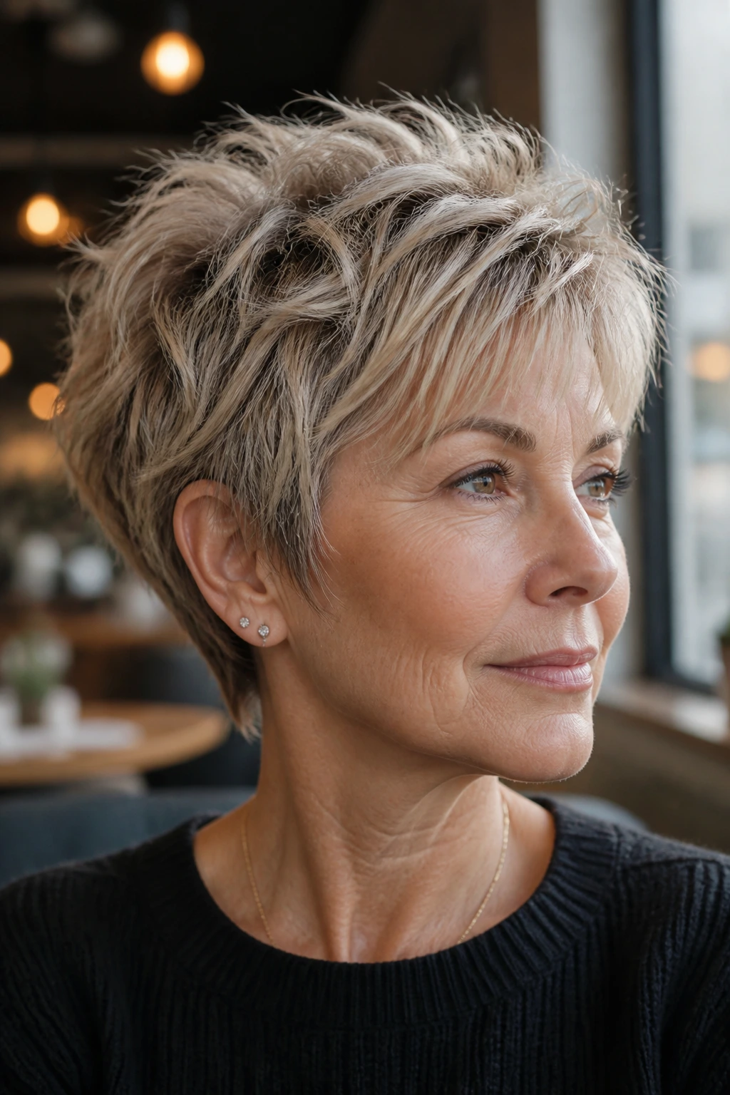 Real woman with ash-blonde piecey pixie shag in a sunlit cafe