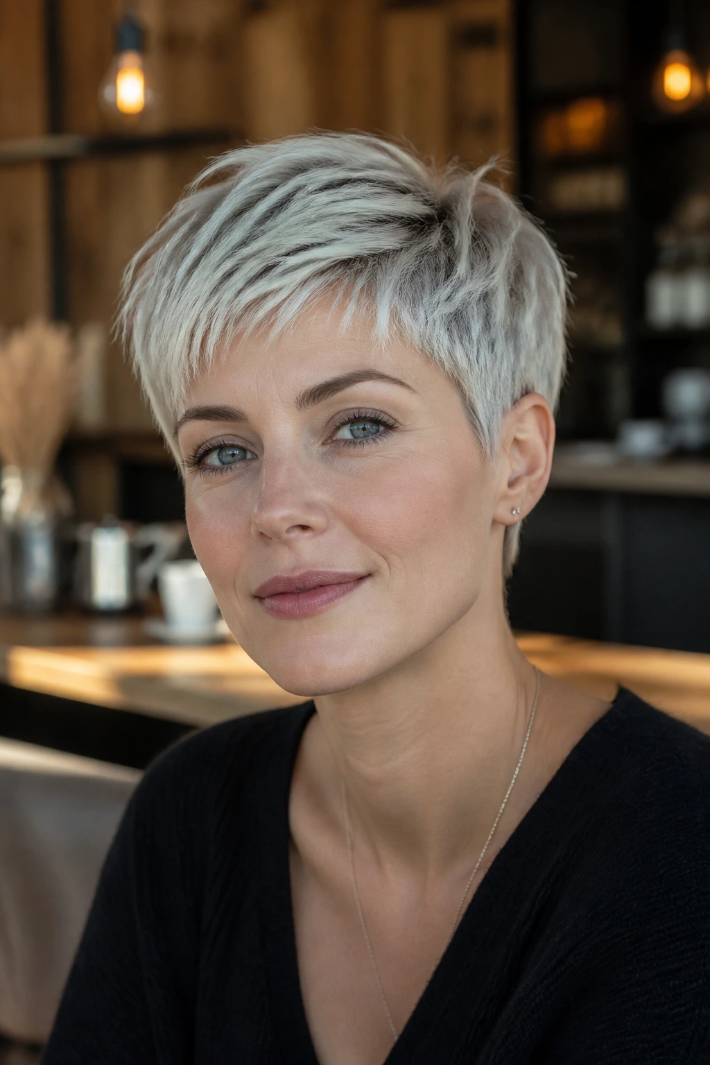 Portrait of a real woman with a short ash-blonde pixie cut in a warm cafe setting.