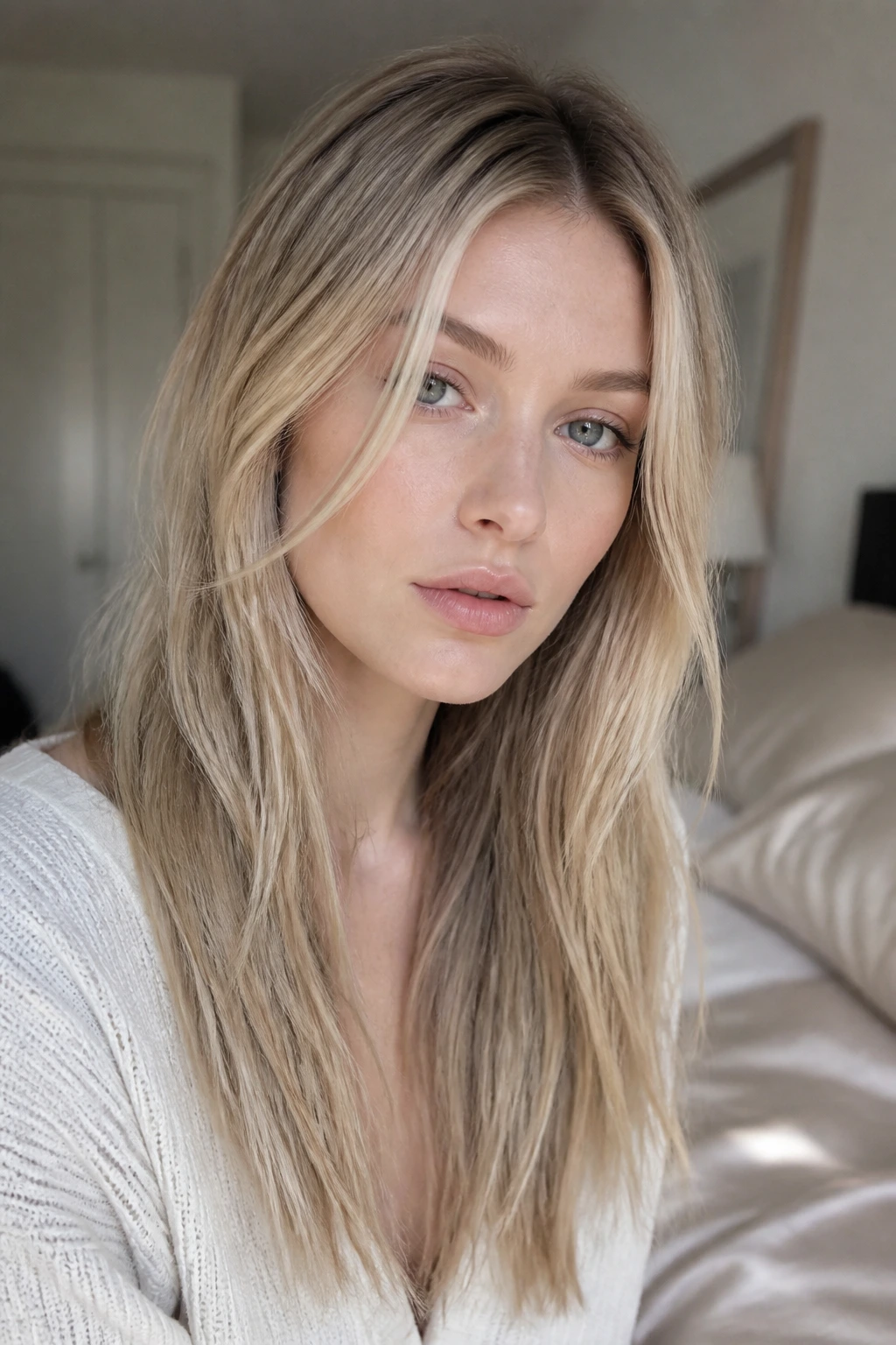Close-up portrait of pale-skinned woman with ash-beige blonde hair, soft root-to-mid tones.