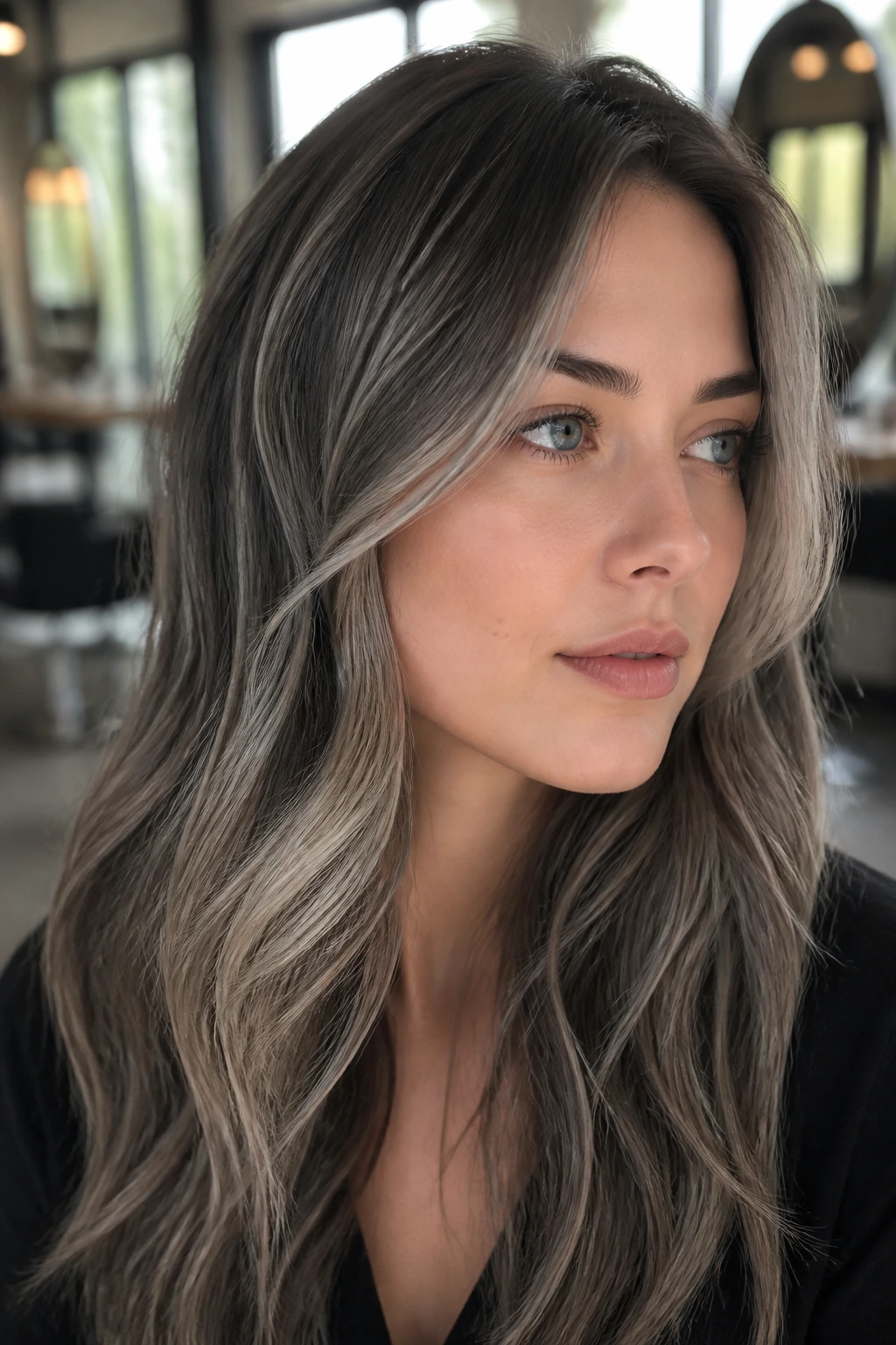 Portrait of a woman with ash-toned hair ready to book a color service