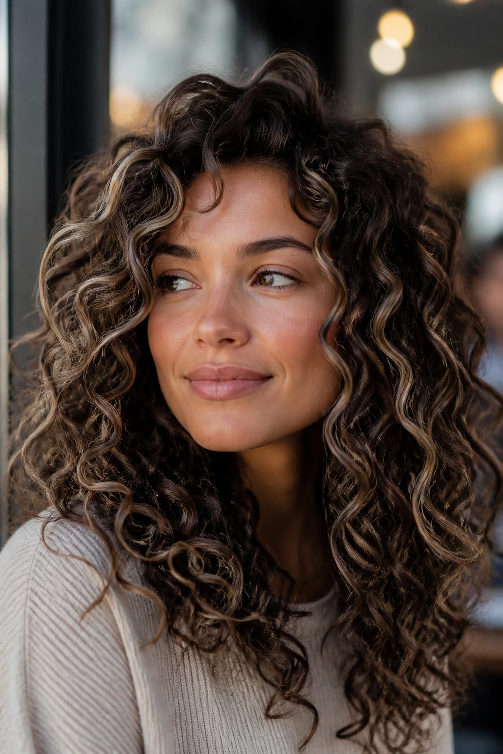 Deep brown curls with ash blonde ribbons on a real person