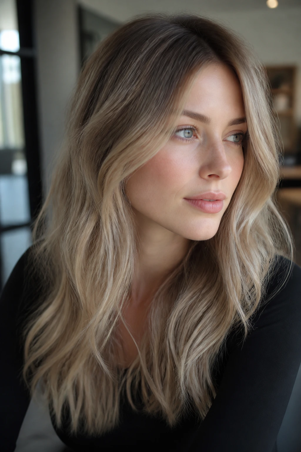 Close-up of a real woman with rooted dark ash blonde hair to prevent brass on pale skin
