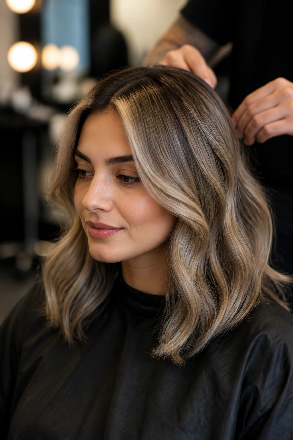 Real person in a salon chair with ash blonde hair and gloss in a natural lighting setup.