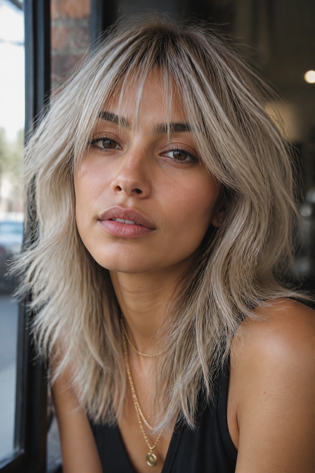 Portrait of a woman with ash blonde shag and wispy fringe on olive skin