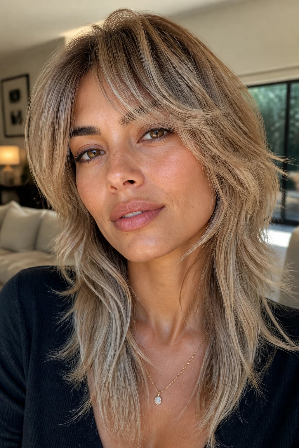 Close-up of a real person with glazed ash blonde shag featuring textured layers.