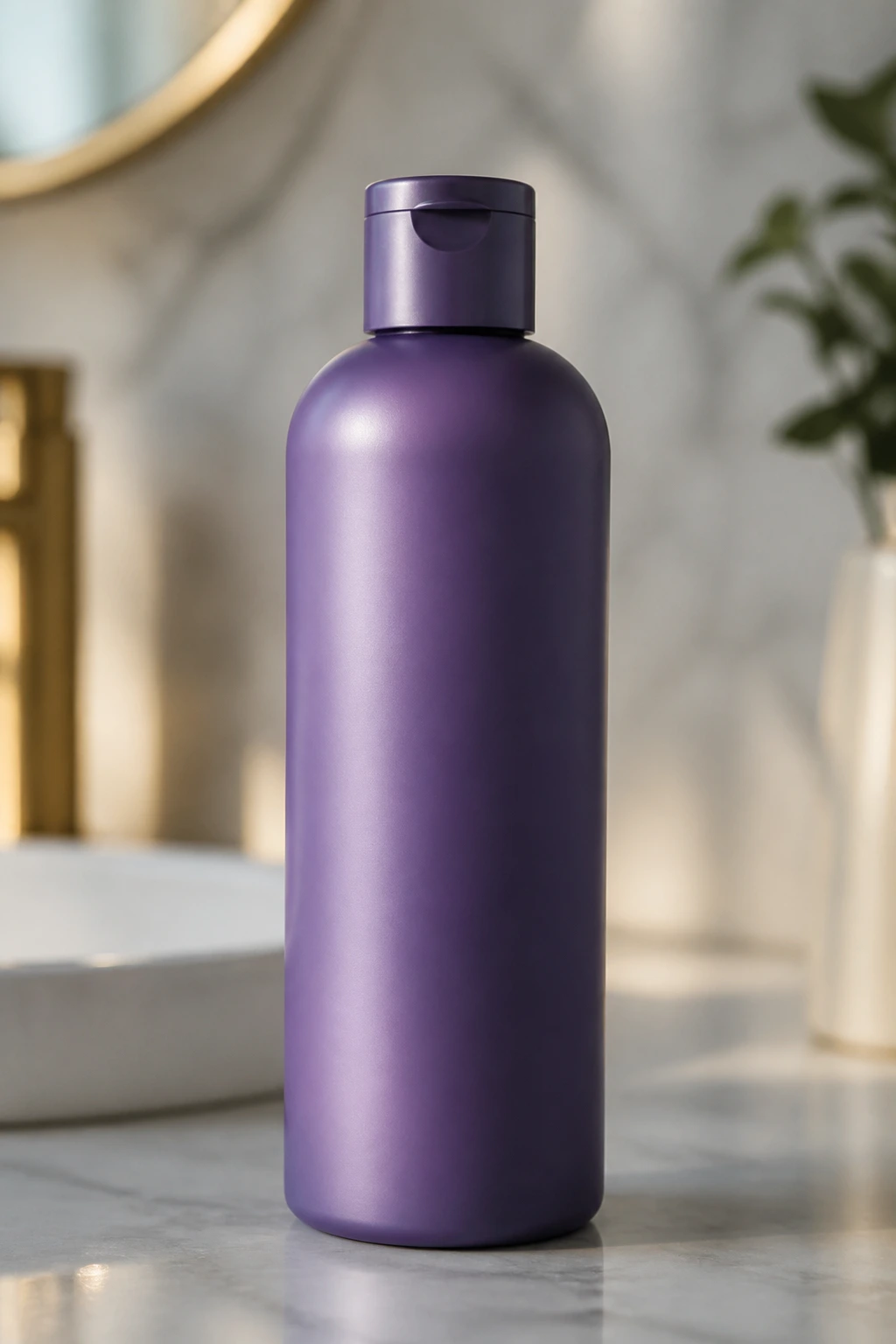 Single color-safe shampoo bottle in a clean bathroom, no text visible.
