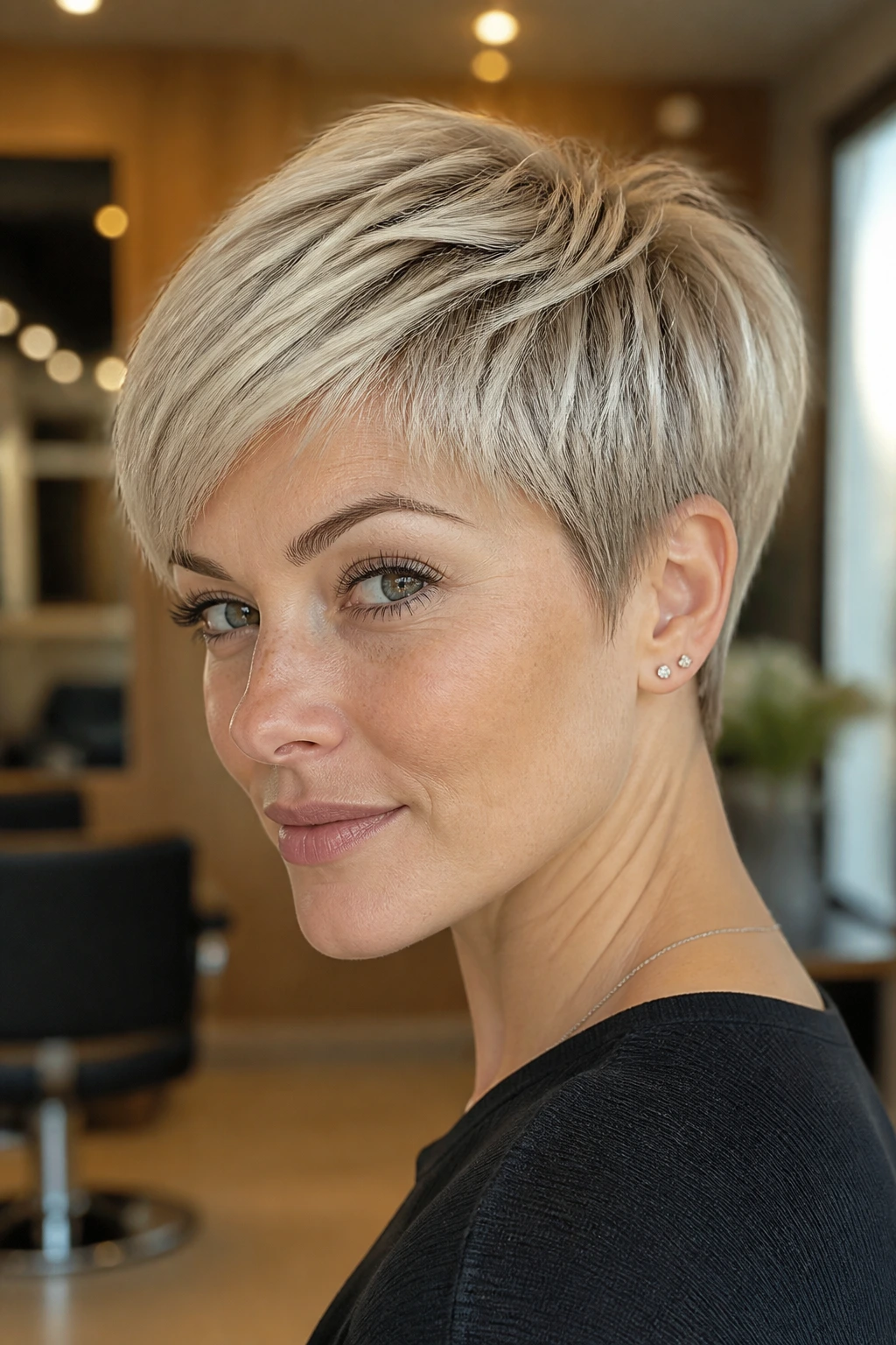 Close-up portrait of a real person with short ash-blonde hair in a salon setting