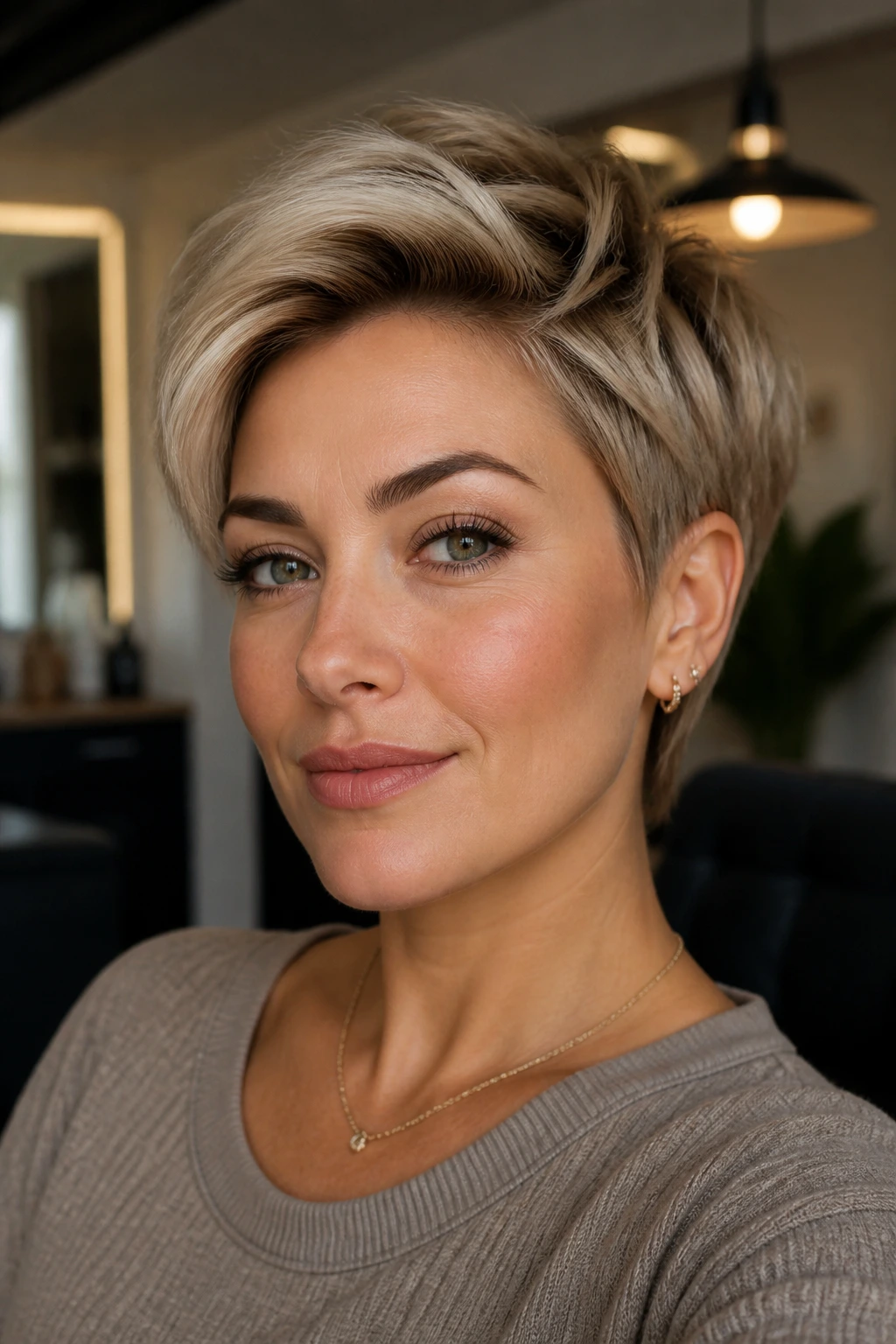 Real person with lifted crown ash blonde short hair and defined makeup.