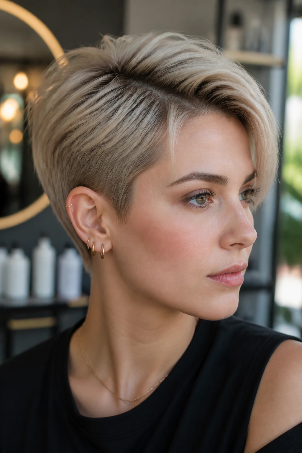 Portrait of a real person with short ash blonde hair showing crisp root melt and edge.