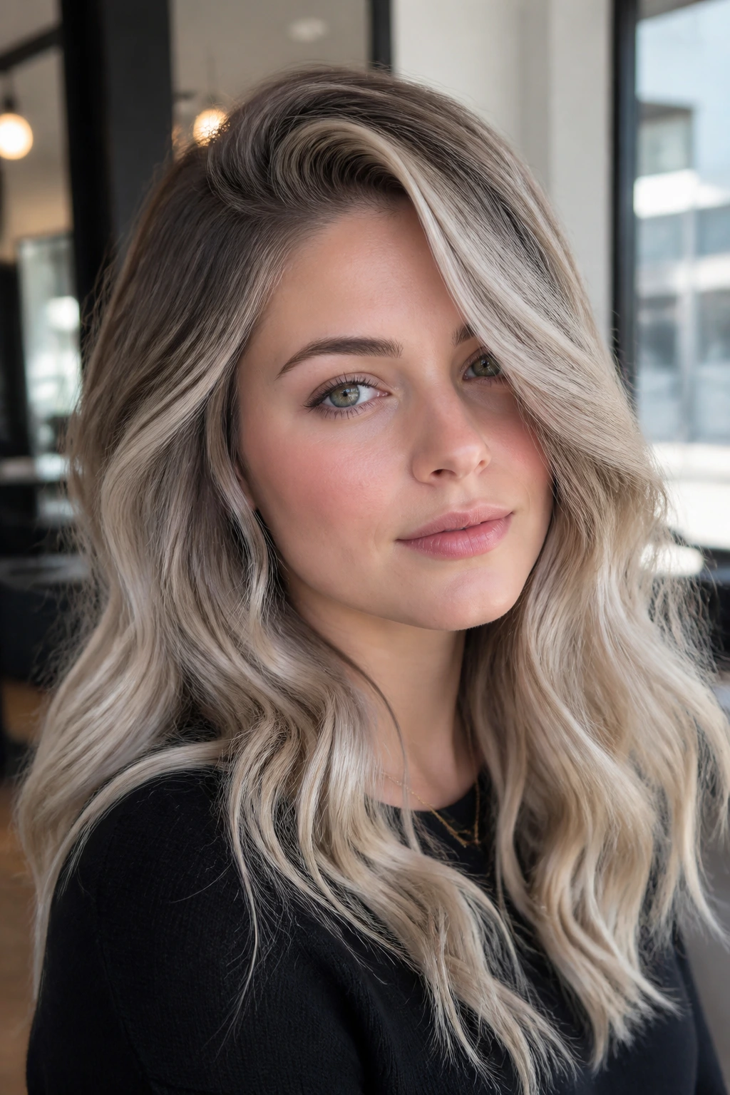 Close-up of a real woman with a deep side part and smoky ash balayage waves framing her face.