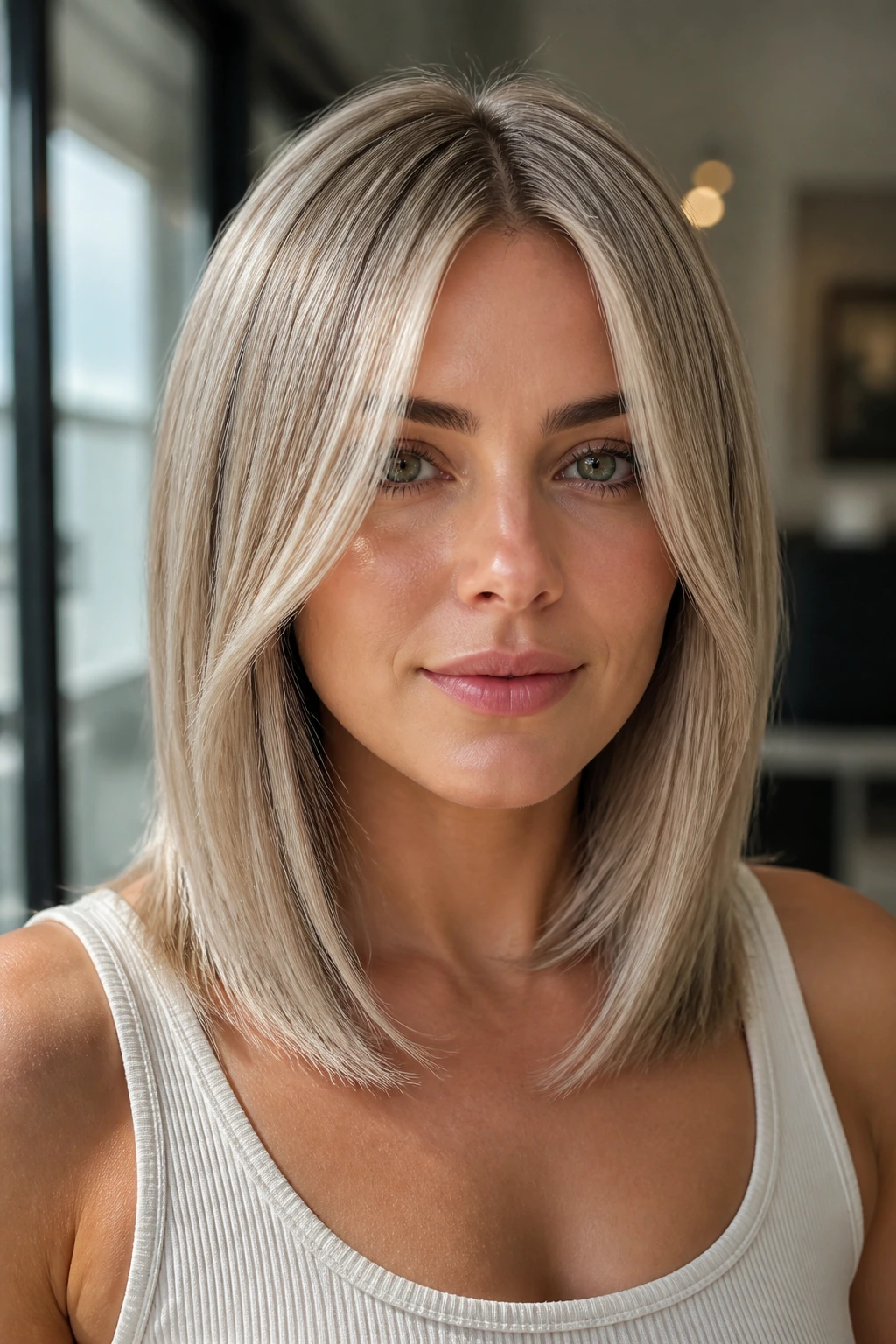 Real woman with ash blonde sleek mid-length cut and center part