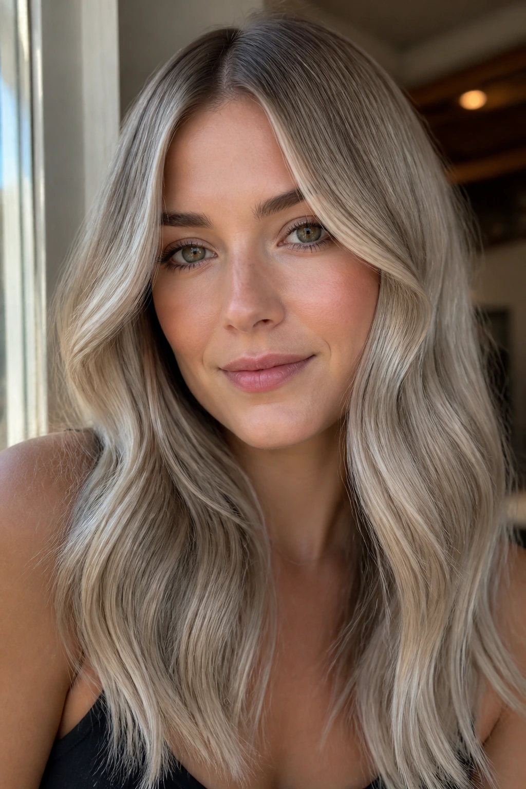 Portrait of a real person with sleek-waved ash blonde hair and center part