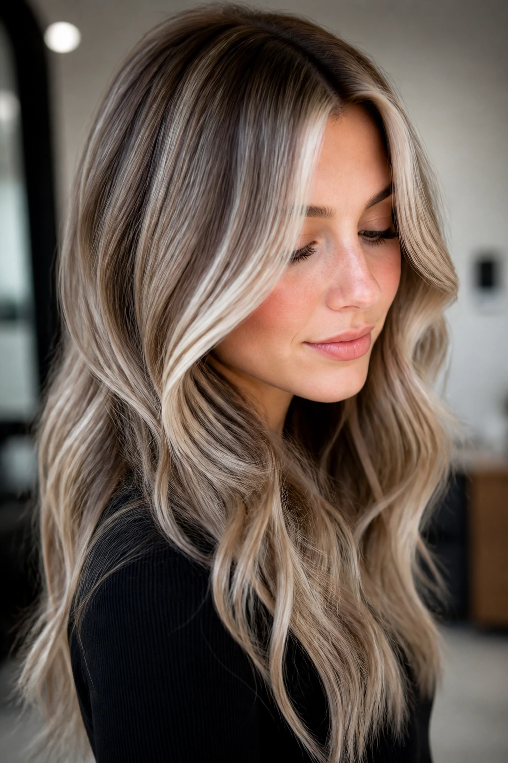 Close-up of ash blonde with taupe ribbons on a real person