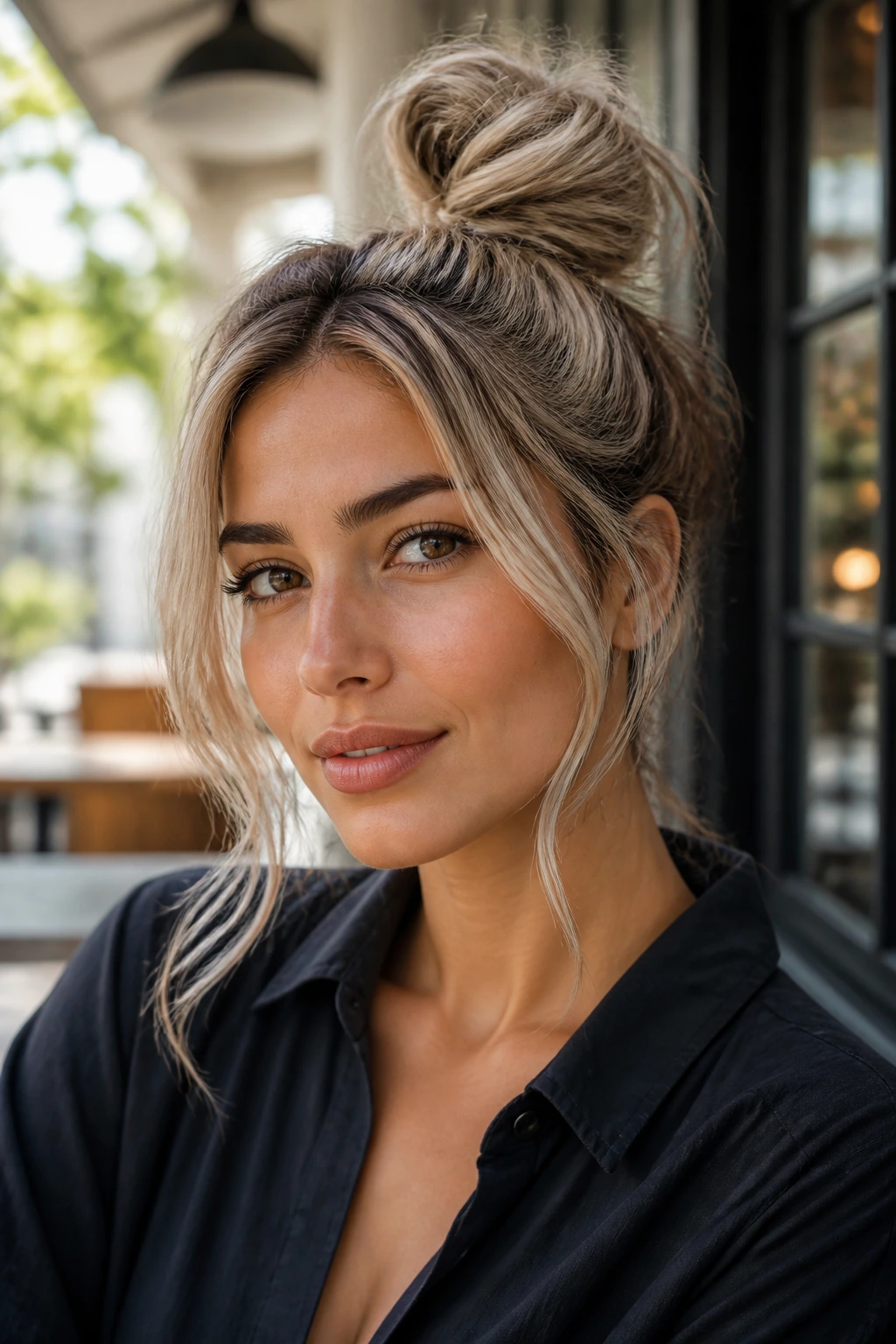 Real woman with messy top knot and ash blonde tendrils around face