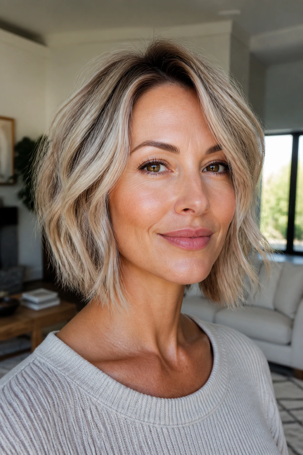 Close-up real woman with Ash Blonde Textured Bob and diagonal front pieces