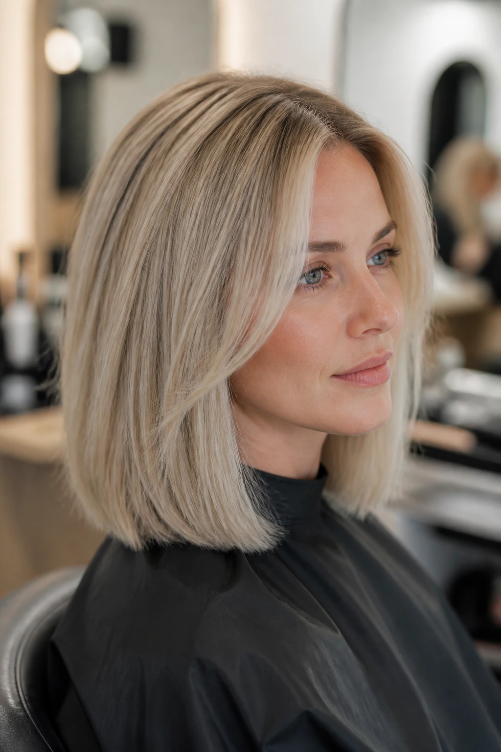 Portrait of a real person with ash blonde hair in a modern salon chair