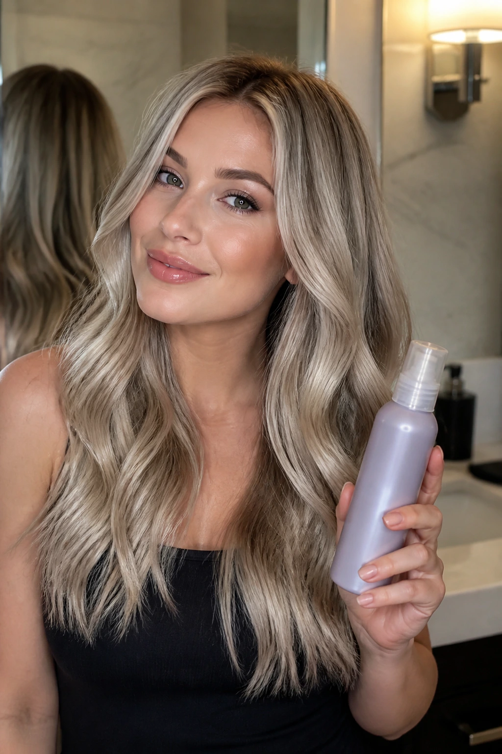 Portrait of a person with glossy ash blonde hair holding a hair product in a bathroom setting