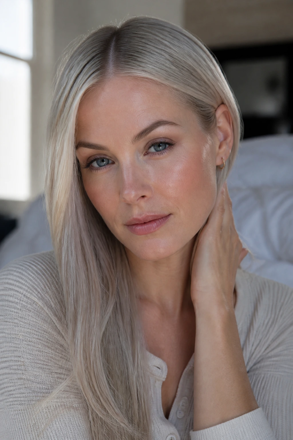 Ash-blonde hair with cool-toned makeup portrait by window light