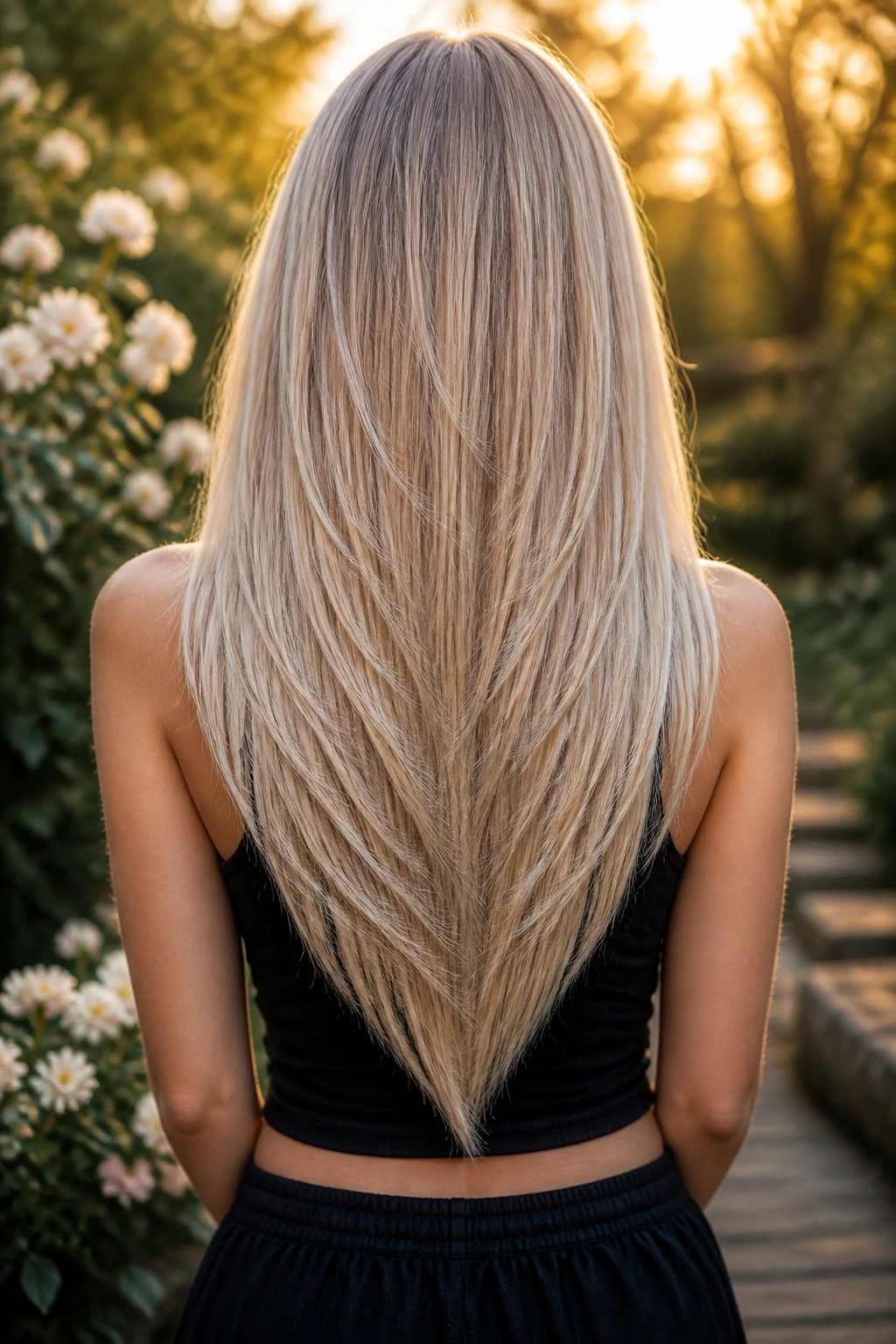 Back view of woman with ash blonde V-cut long layers