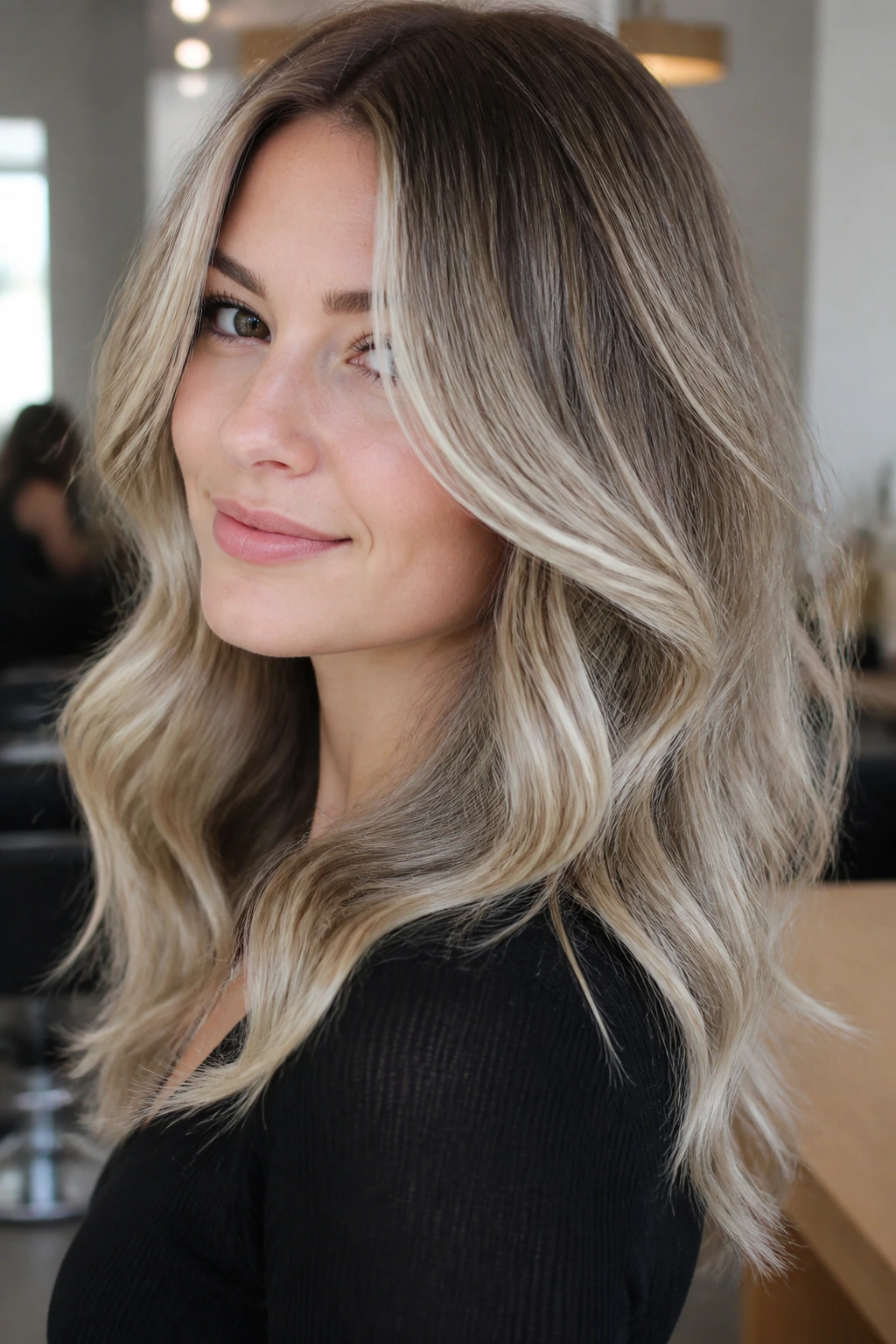 Portrait showing multi-toned ash blonde highlights with silver edges