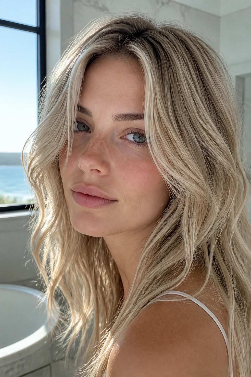 Close-up of a real woman with ash-blonde surf waves framing her face in a sunlit bathroom