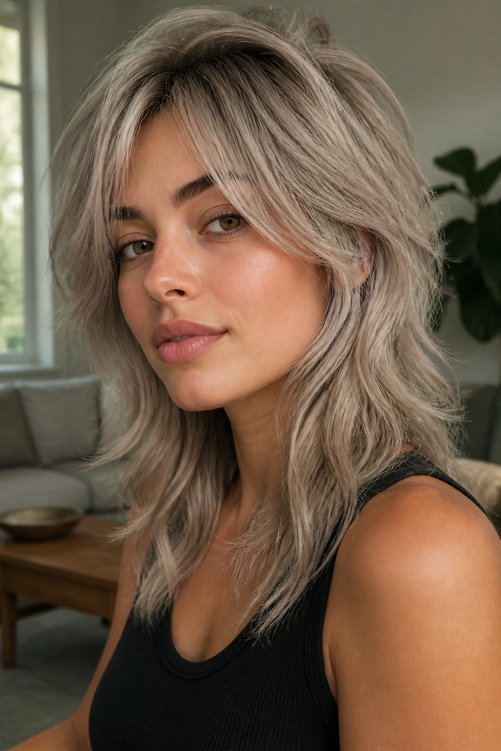 Close-up portrait of a real woman with an ash blonde wolf cut, layered and tousled for movement