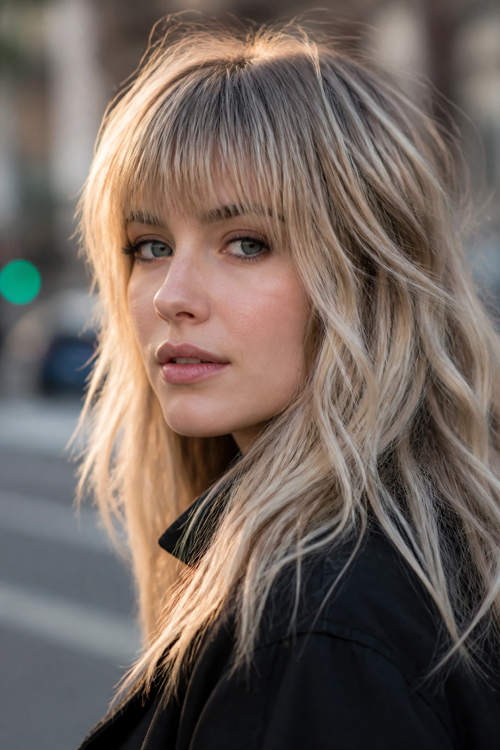 Portrait of a real woman with ash blonde woven highlights and choppy bangs on an urban street