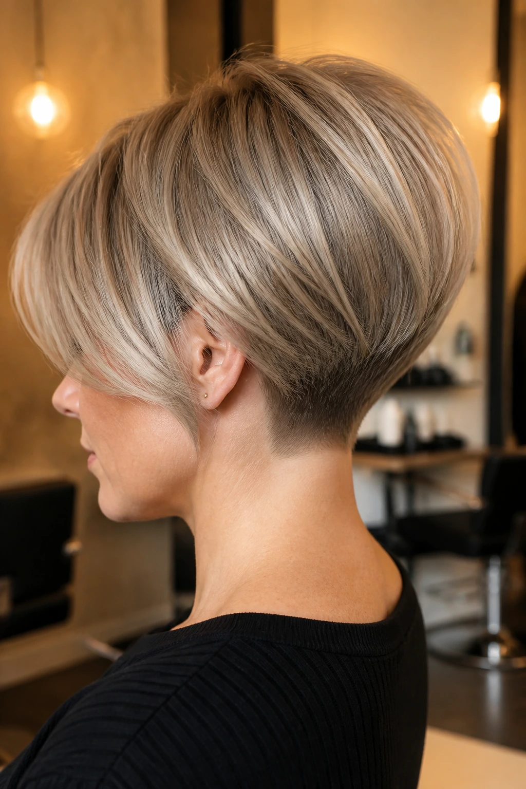 Back-nape stacked ash bob close-up on a real person.