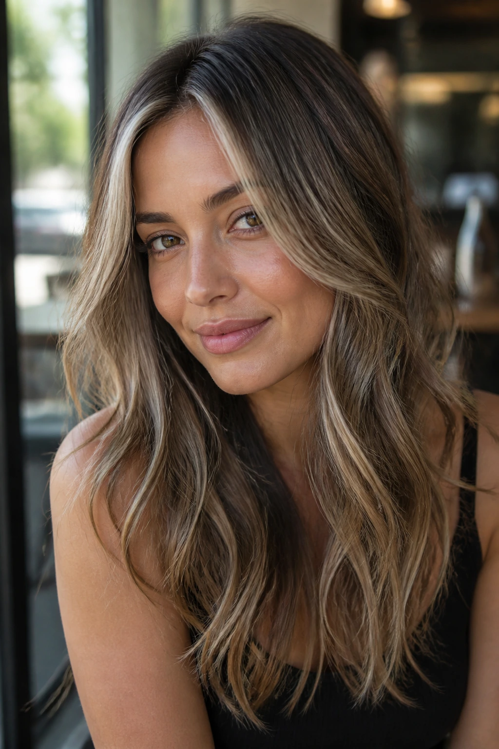 Close-up of a real woman with ash bronde sweep around the face