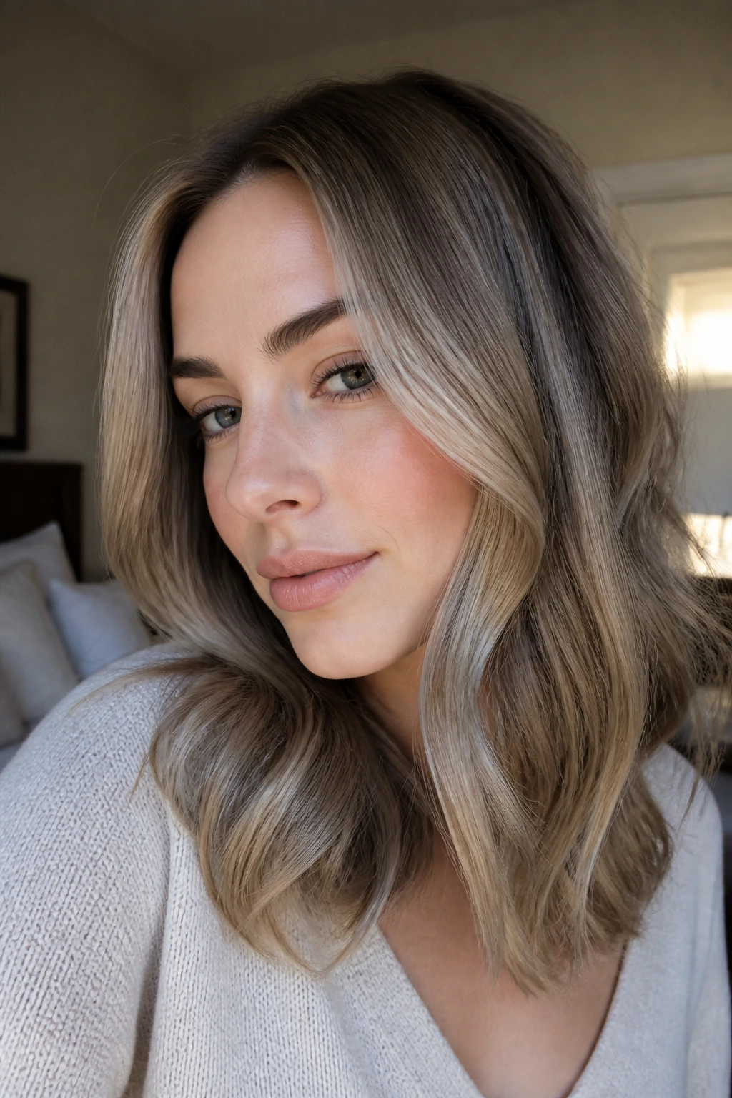 Close-up portrait of a real woman with cool ash bronde hair under natural window light