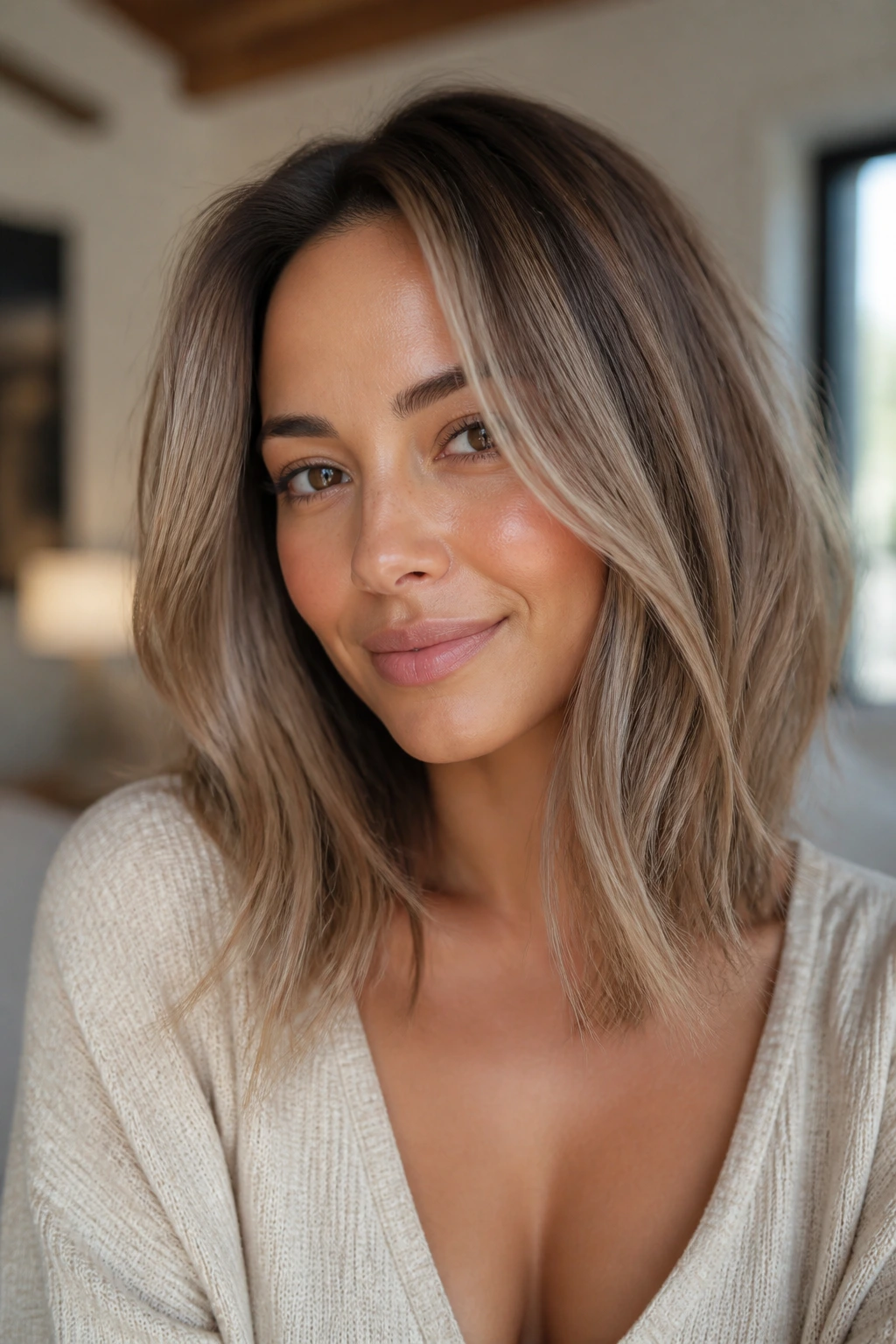 Close-up of a real woman with soft ash-bronde hair and tan skin.